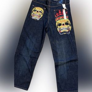Ed Hardy Baggy Jeans Double Skull Embroidered Denim Jeans Y2K 42x34 Excellent